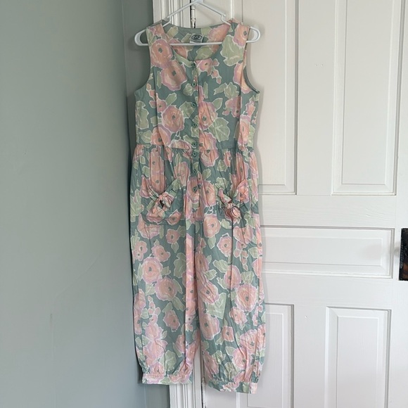 Vintage Laura Ashley Cottagecore Floral Print Jumpsuit pink Green cotton Medium - Picture 1 of 9